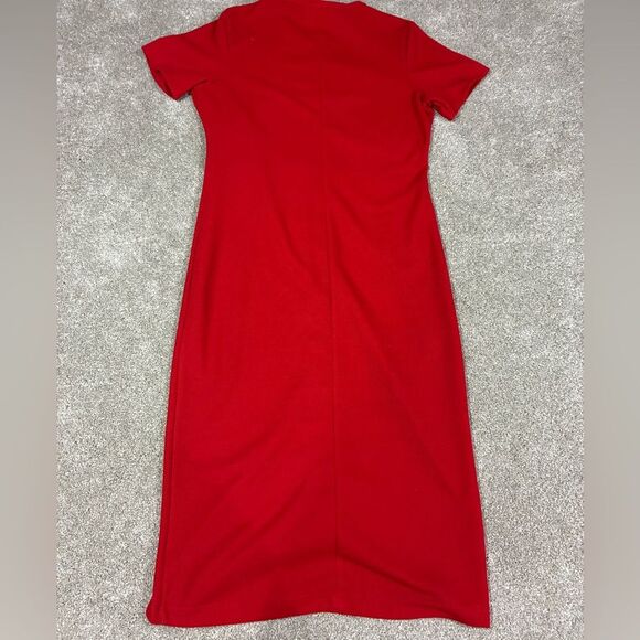 Vintage Red Midi Dress W/ Gold Accent Button Front Sz S Short Sleeve Links Retro - Picture 5 of 7